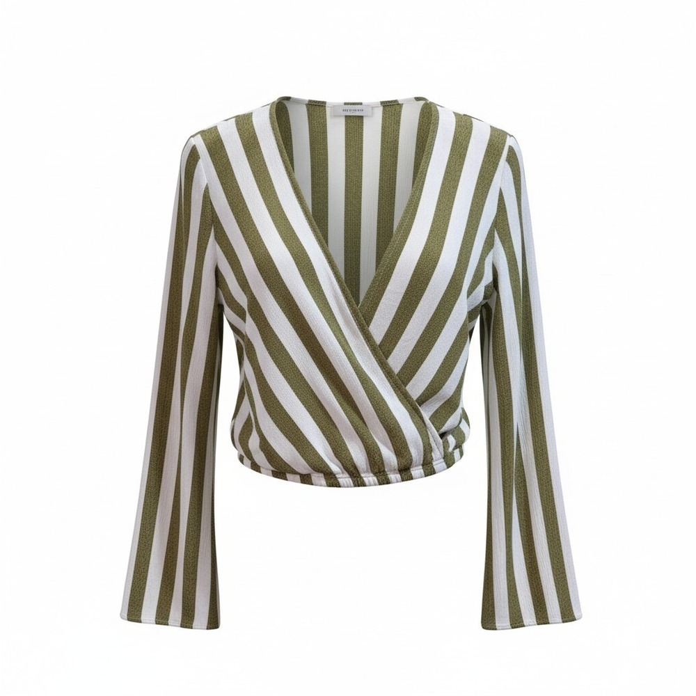 Sadie & Sage Striped Top Olive Green  White Vertical‎ Stripes Surplice Wrap L